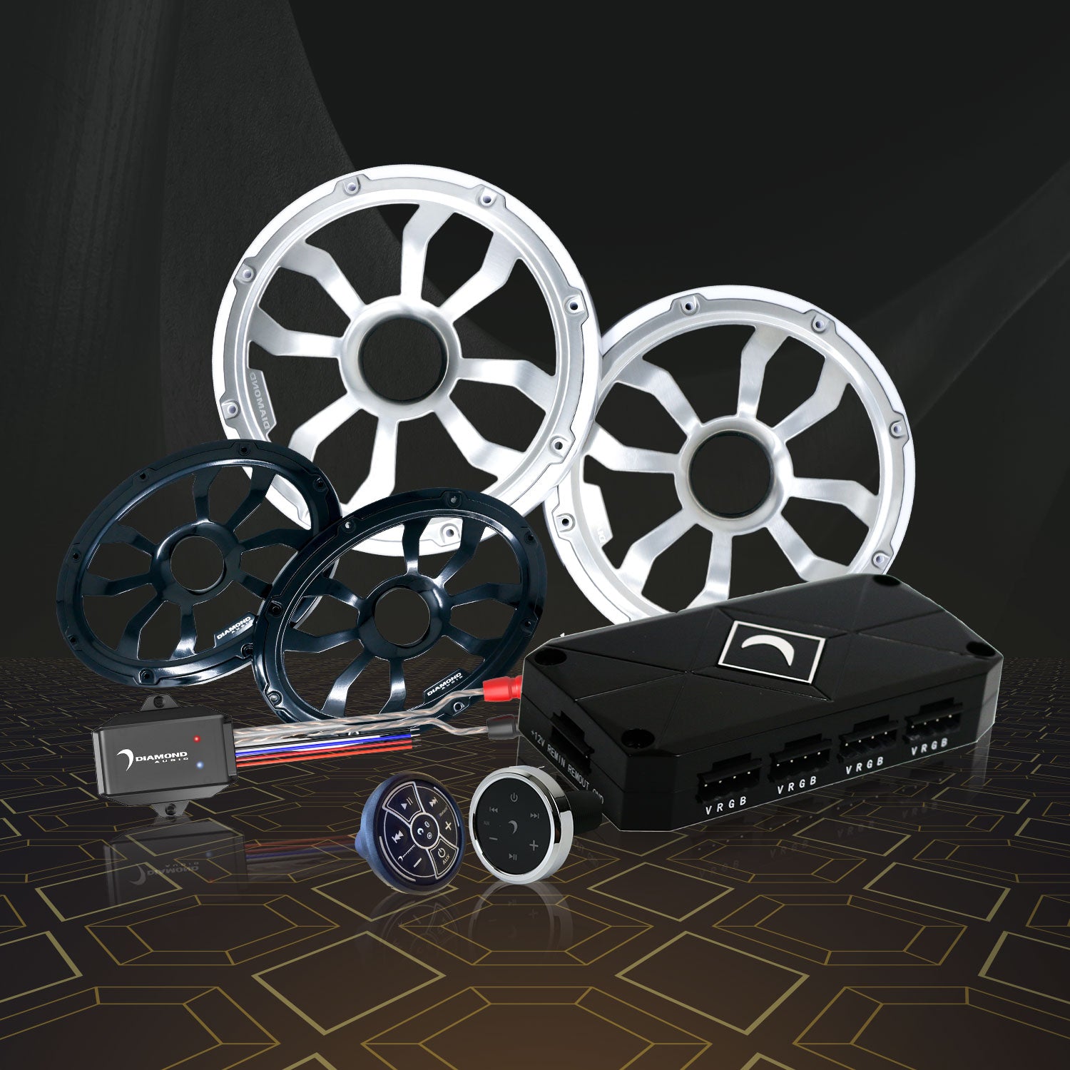 Collection of audio system accessories for vehicles.