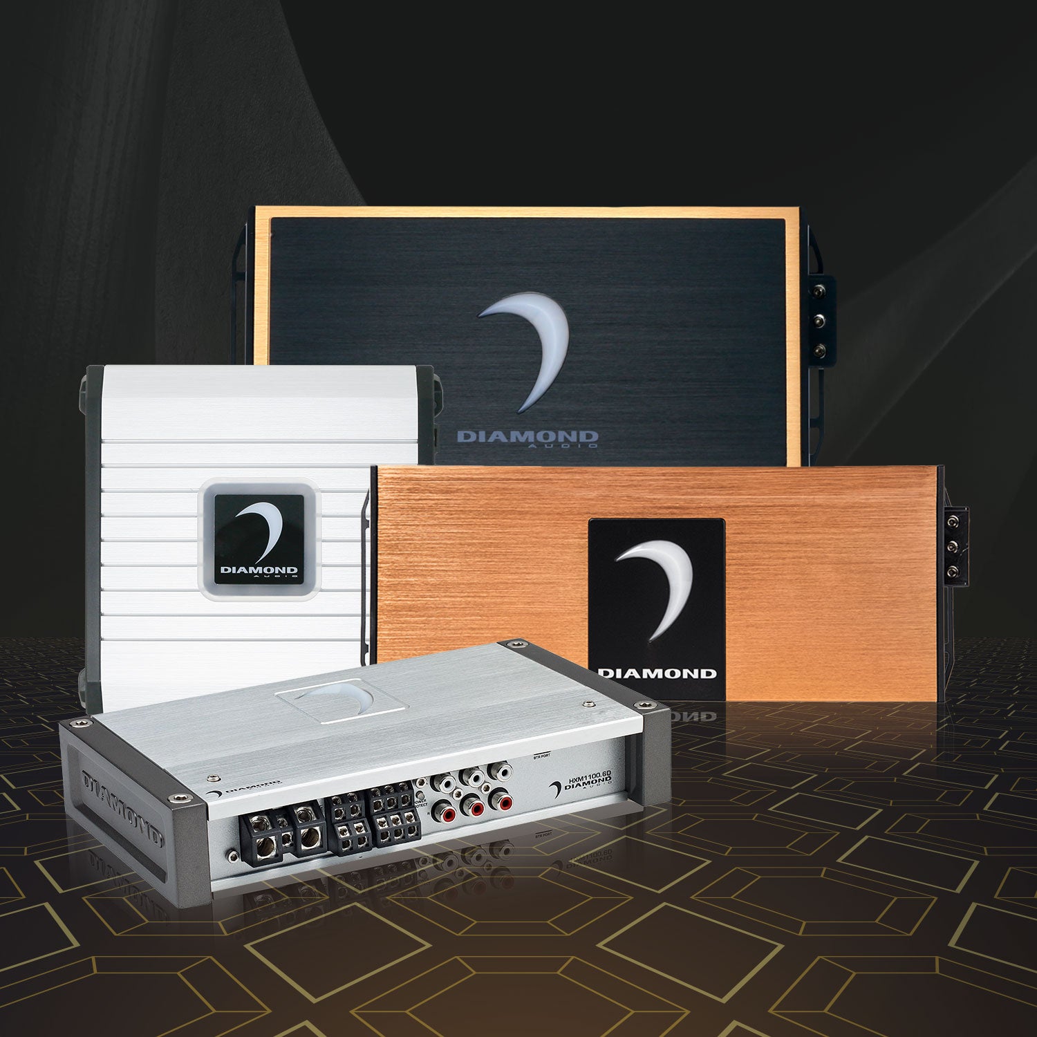Collection of amplifiers for vehicle sound systems.