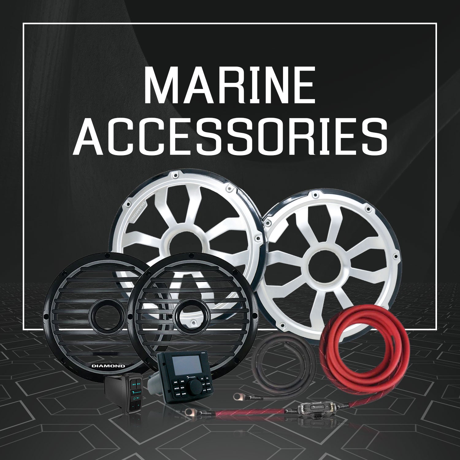 Collection of marine and boat sound system accessories.