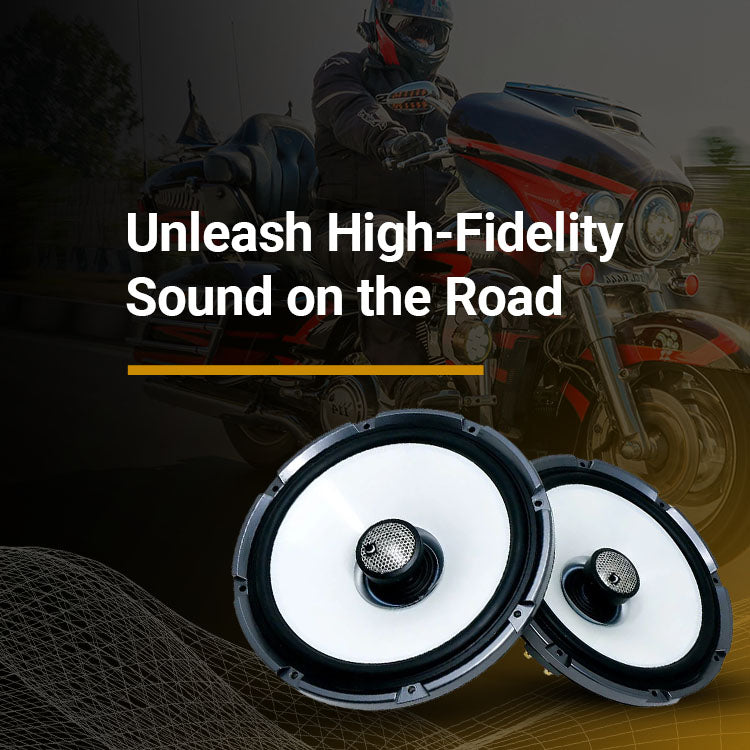 Motorcyclist in gear and audio products with overlay: Unleash high-fidelity sound on the road.