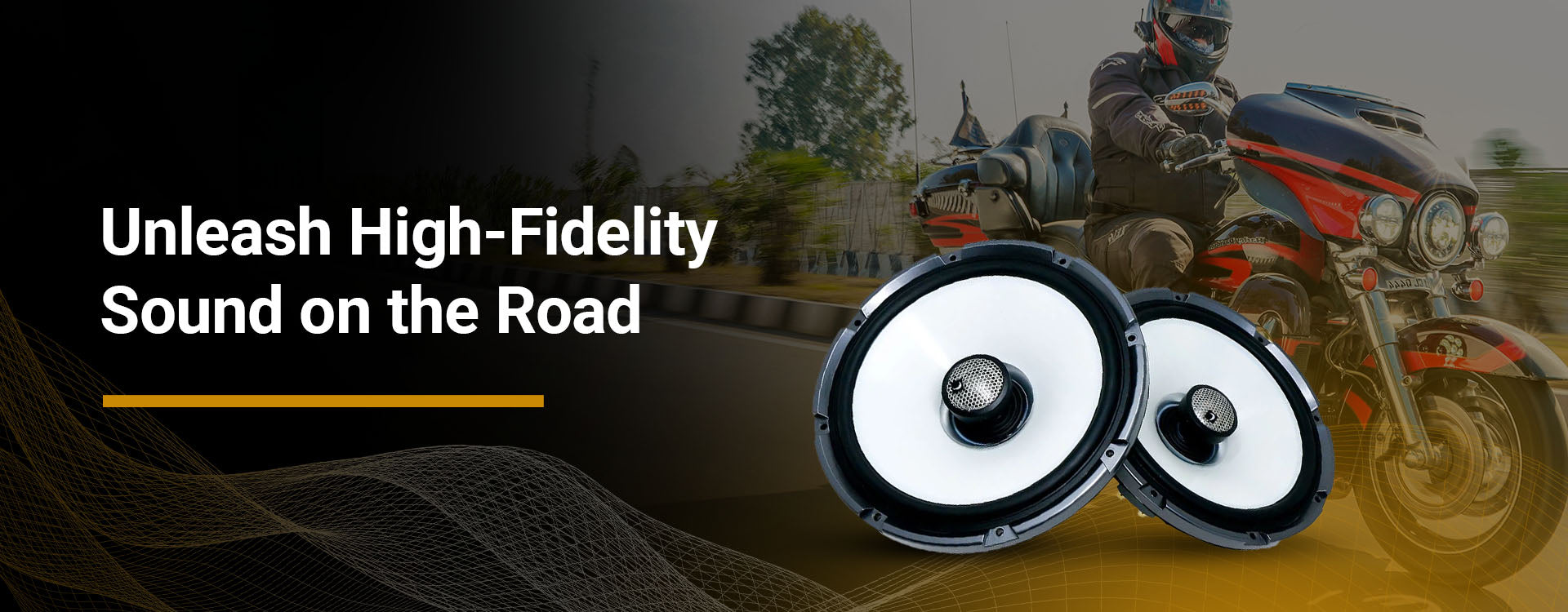 Motorcyclist in gear and audio products with overlay: Unleash high-fidelity sound on the road.