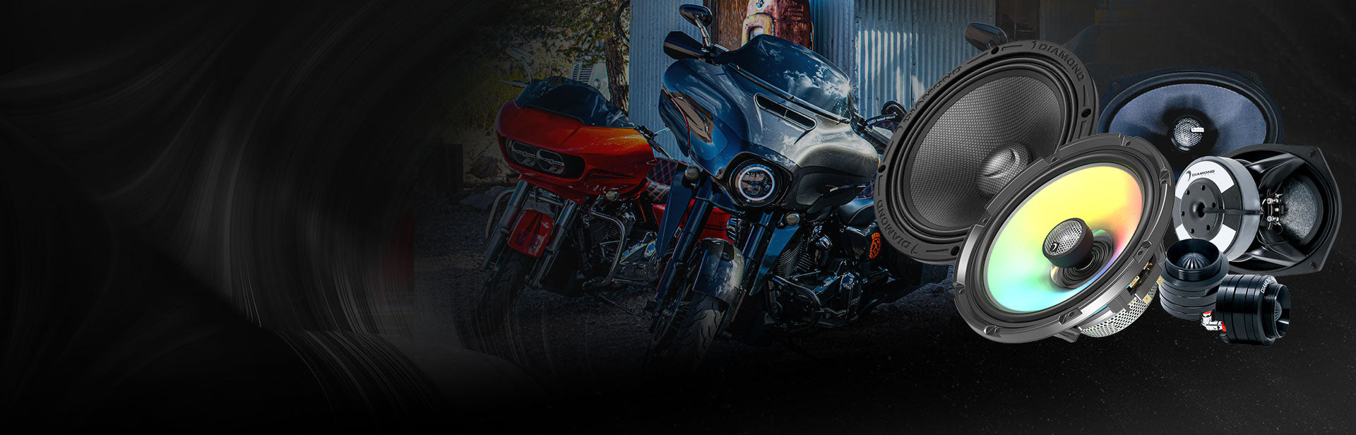 Motorcyclist in gear with premium audio system elements in the foreground.