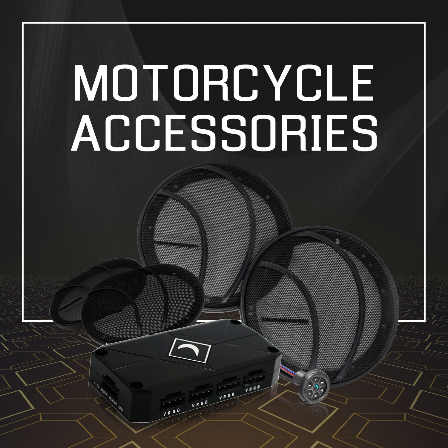 Collection of motorcycle audio accessories.