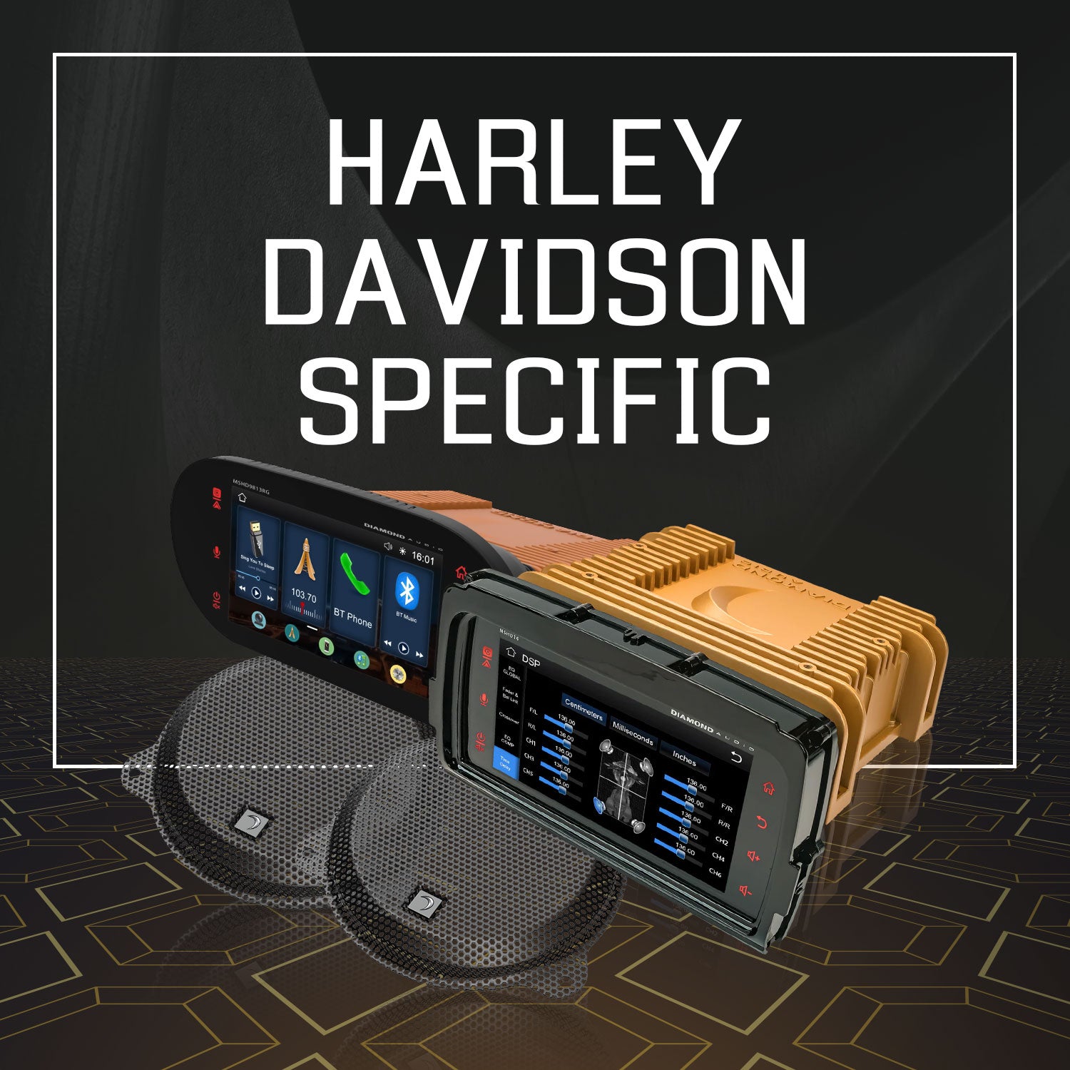 Collection of Harley Davidson Specific audio system products.