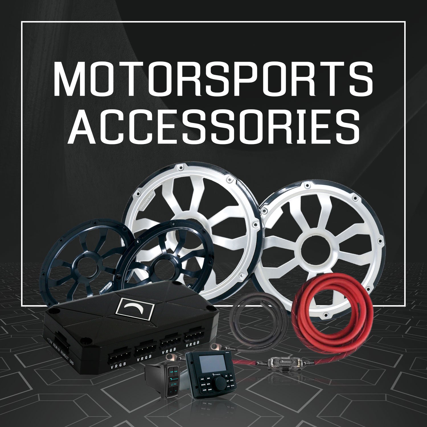 Collection of motorsports sound system accessories.