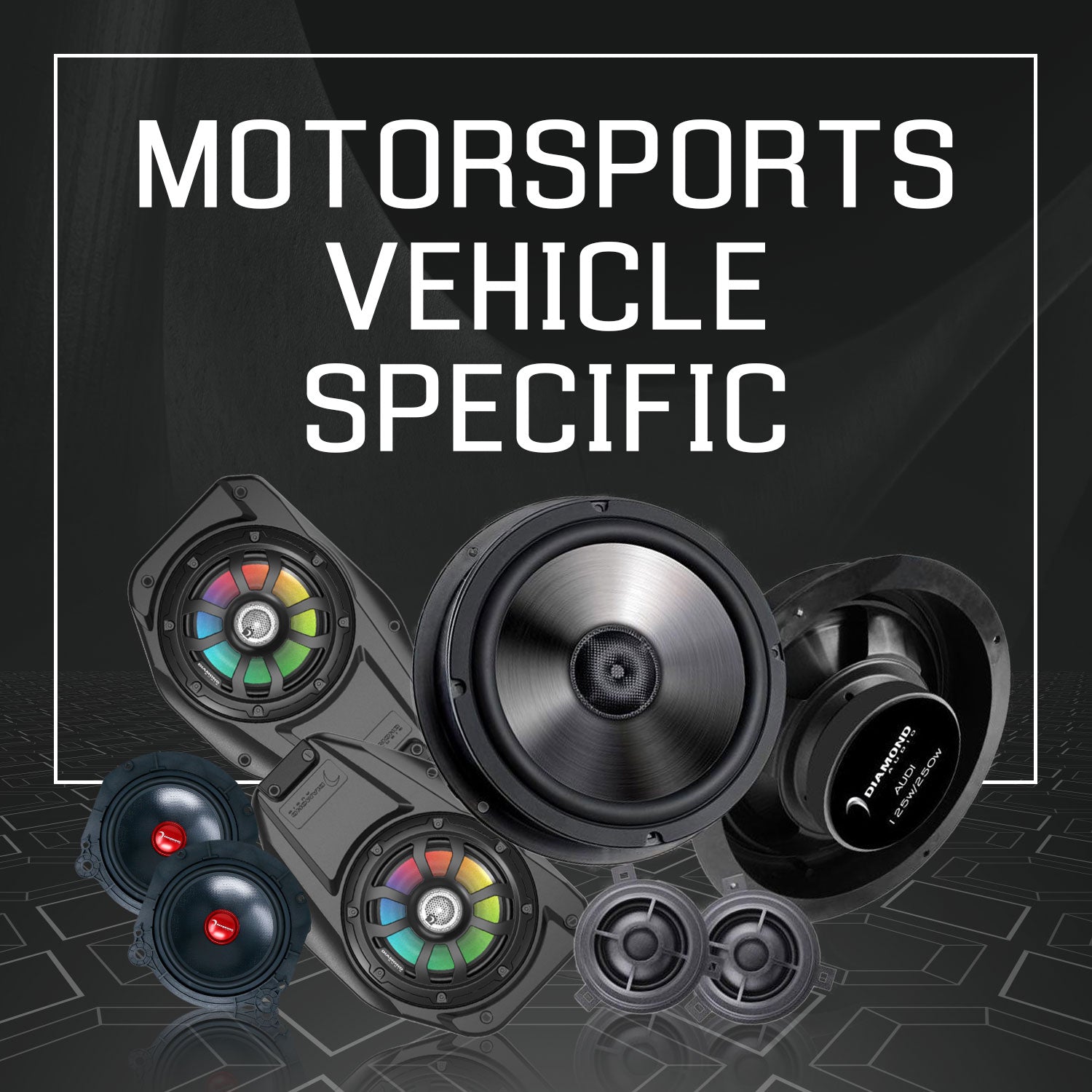 Collection of motorsports vehicle specific sound system equipment.