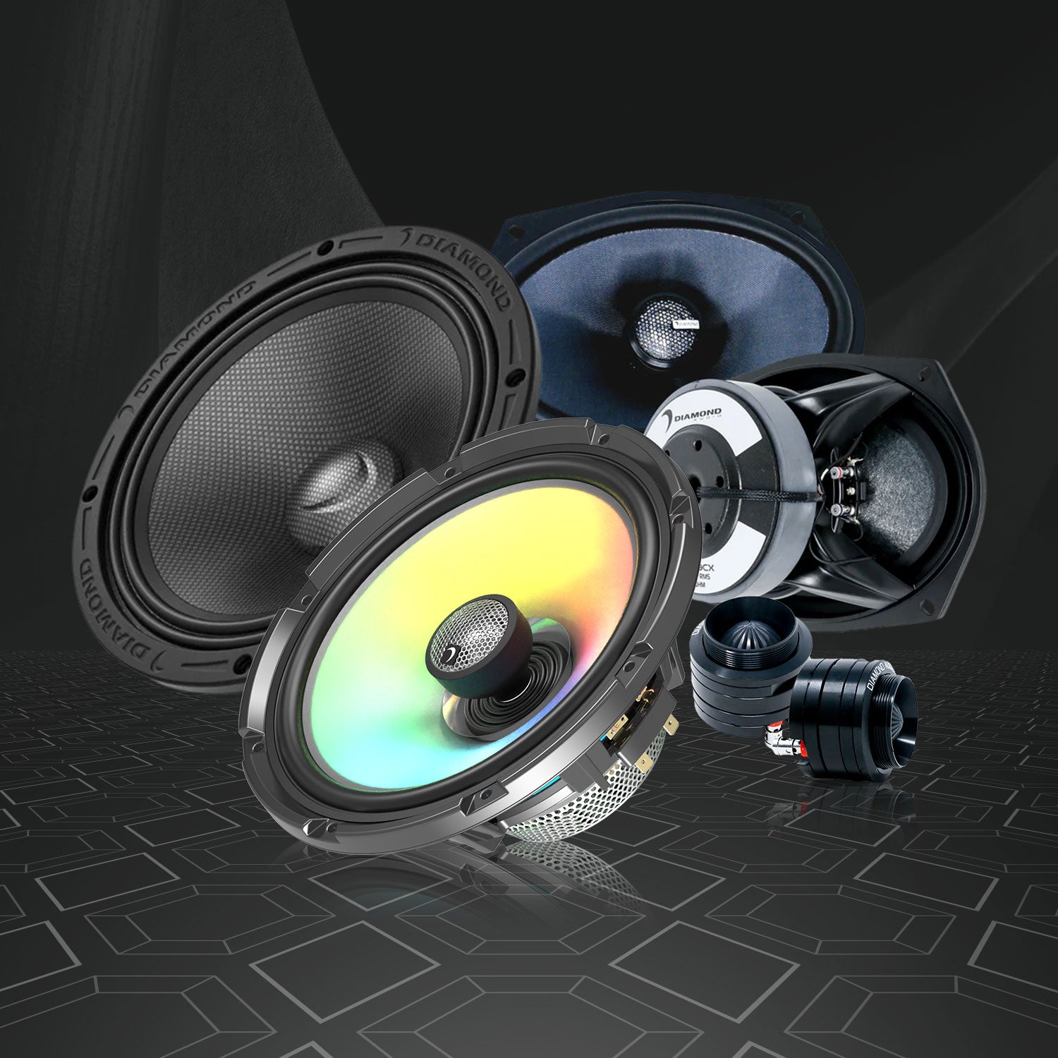Collection of speakers for vehicle sound systems.