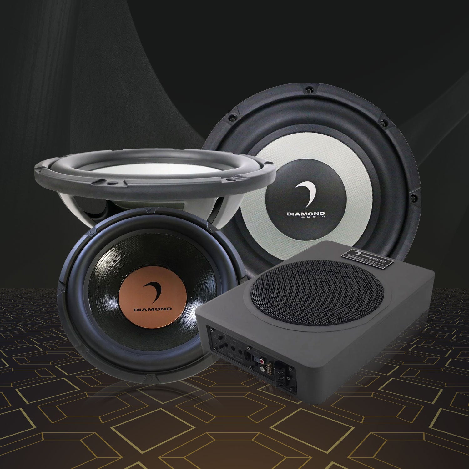 Collection of subwoofers for vehicle sound systems.