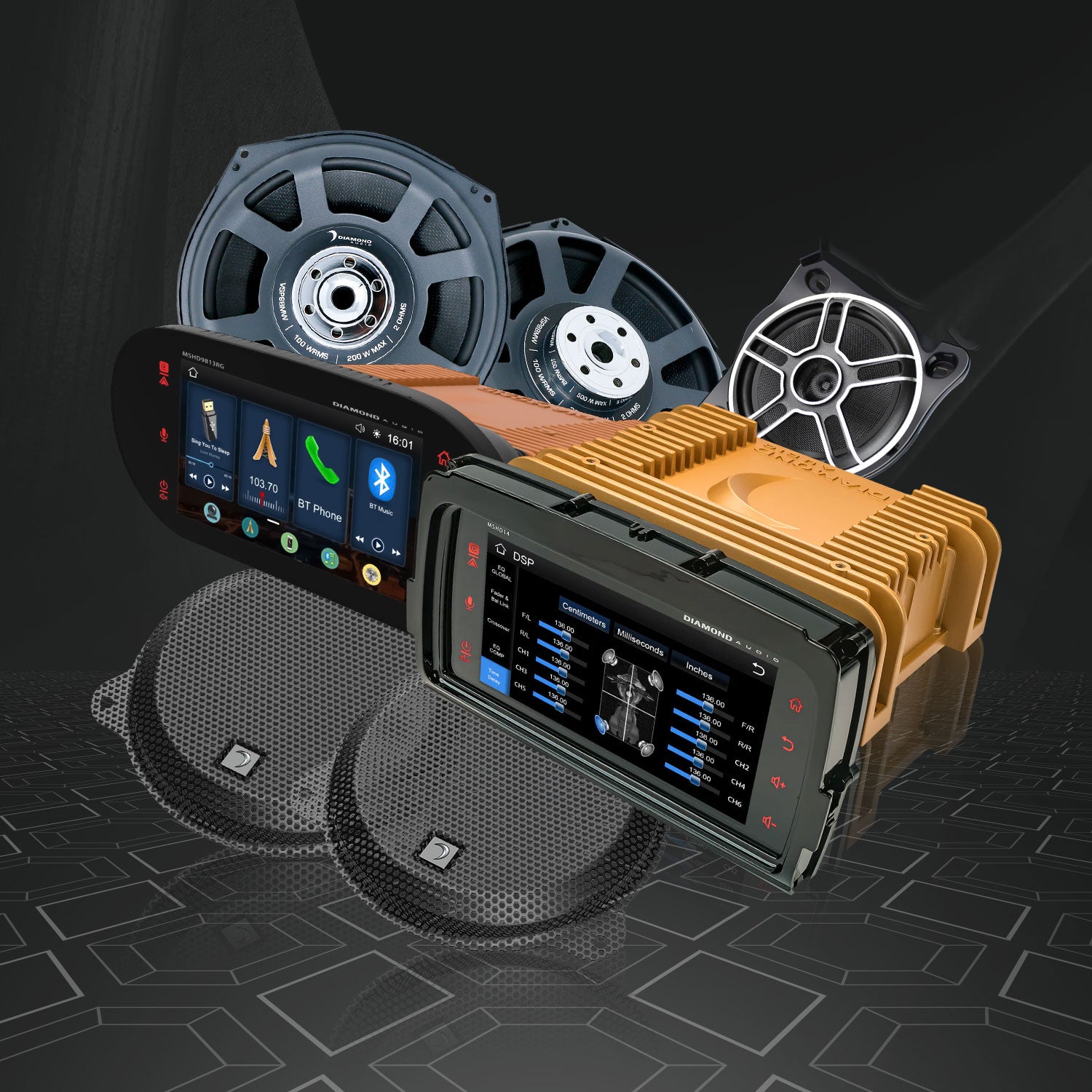 Collection of vehicle-specific audio system equipment.